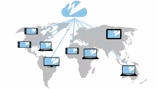 Wowza Streaming Cloud logo distributing live streams to different devices across the world.